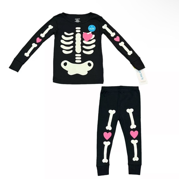 Carters Black/Pink Halloween Heart Skeleton 2 Piece Pajamas Set | NEW/NWT!! ☠️🩷 - Picture 1 of 13